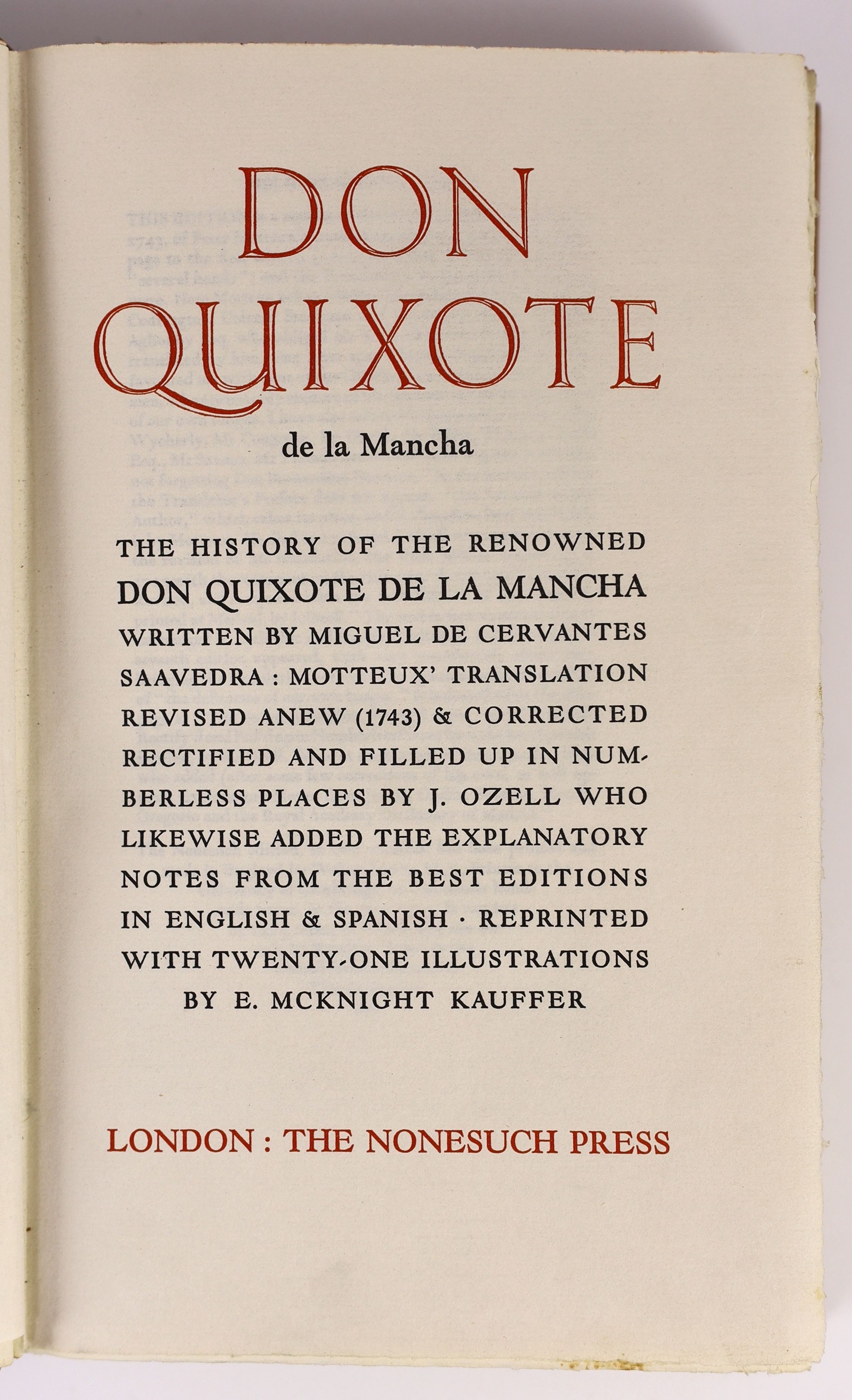 Nonesuch Press - Cervantes Saavedra, Miguel de, - Don Quixote, one of 1,450, illustrated by E. McKnight Kauffer, 2 vols, original pigskin, London, 1930, with slipcase.